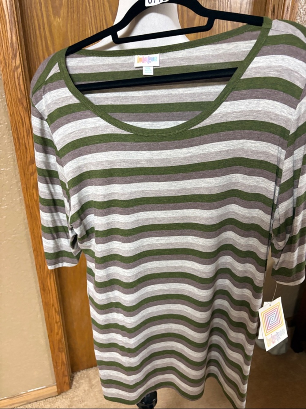 LuLaRoe Olive Green and Gray Striped Short Sleeve Tee